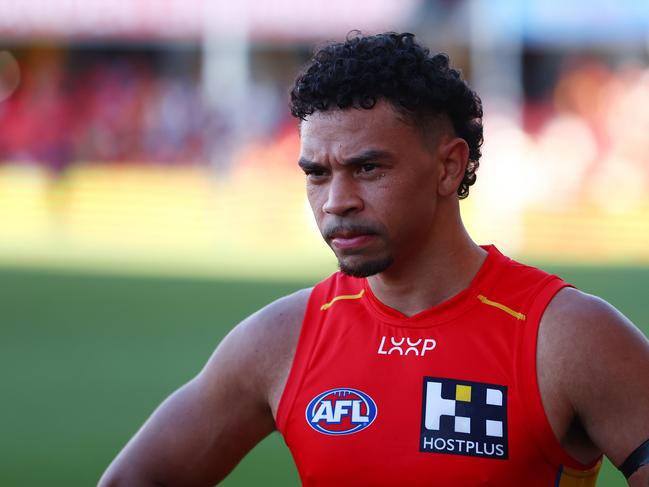 GOLD COAST, AUSTRALIA - JULY 14: Malcolm Rosas of the Suns looks on after the round 18 AFL match between Gold Coast Suns and Port Adelaide Power at People First Stadium, on July 14, 2024, in Gold Coast, Australia. (Photo by Chris Hyde/Getty Images)