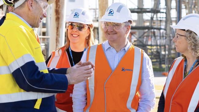 A twitter post by Chris Bowen where he announced The Hunter and Newcastle would be Australia's first green hydrogen hub. Seen here at the Orica facility on Kooragang Island.