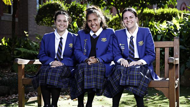 Left to right: indigenous students Vivica Turnbull, 17, Maria Treacy, 17, and Sarah Scott, 18, at Loreto Normanhurst school in Sydney. Picture: Adam Yip