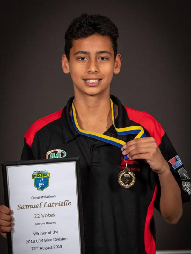 Samuel Latrielle (Carrum Downs) won the FDJFL U14 Blue medal. Pic: Gary Bradshaw.