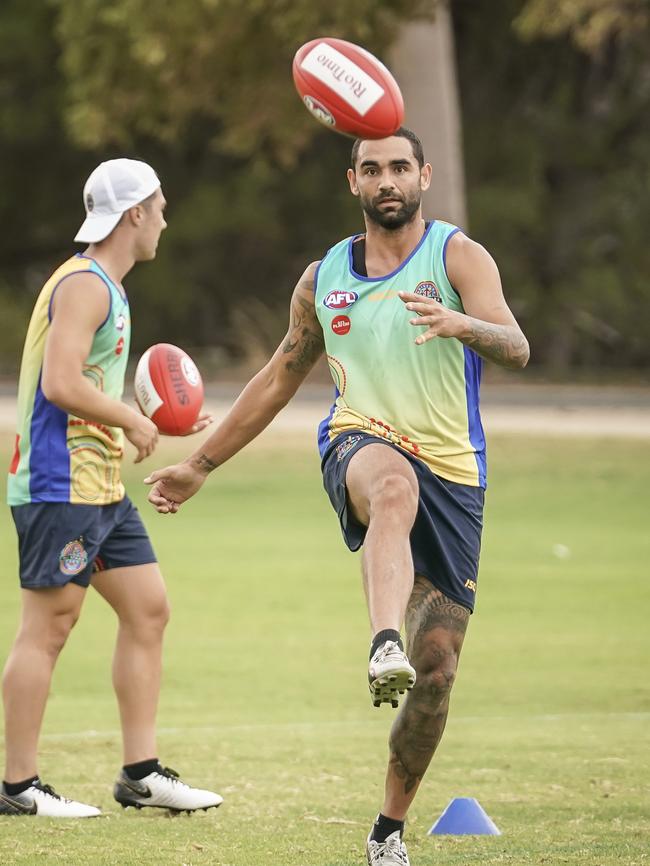 Shaun Burgoyne looking fit and moving well at the AFL Indigenous All Stars Summit training session at Adelaide University oval on Monday. Picture: AAP/MIKE BURTON