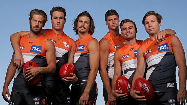 Some of GWS’s original 2012 squad members, from left, Callan Ward, Jeremy Cameron, Phil Davis, Jonathon Patton, Stephen Coniglio and Toby Greene. Picture: Toby Zerna