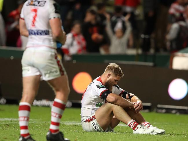 SYDNEY, NEW SOUTH WALES - MAY 12:  Jack de Belin looks dejected after defeat during the round 10 NRL match between the St George Illawarra Dragons and the Cronulla Sharks at UOW Jubilee Oval on May 12, 2017 in Sydney, Australia.  (Photo by Mark Kolbe/Getty Images)