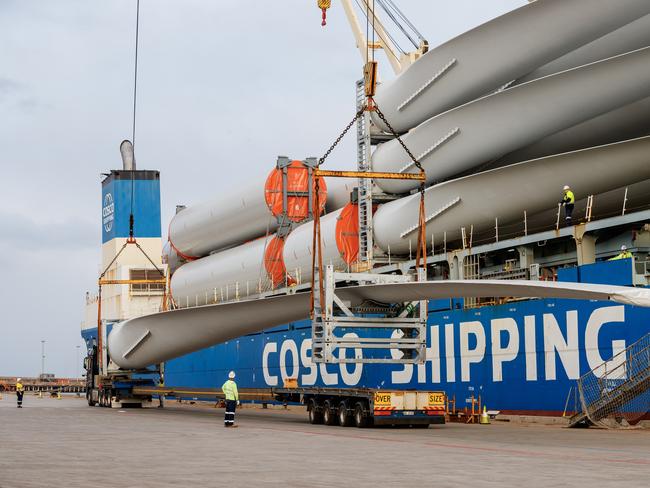 A vessel at Port Kembla unloading components for Bango Wind Farm. Picture: NSW Ports