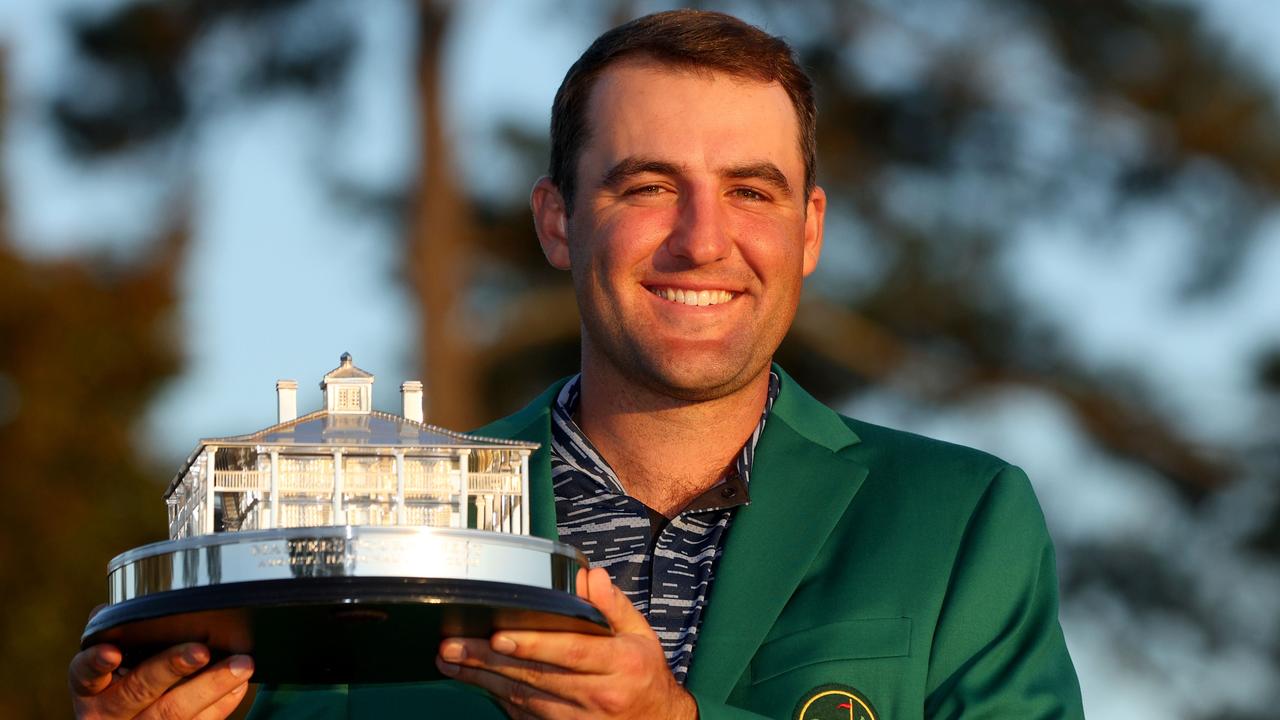 Scottie Scheffler poses with the Masters trophy during the Green Jacket Ceremony after winning the Masters by three shots overs Rory McIlroy. Photo: Getty Images