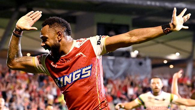 BRISBANE, AUSTRALIA - MARCH 11: Hamiso Tabuai-Fidow of the Dolphins celebrates scoring a try during the round two NRL match between the Dolphins and the Canberra Raiders at Kayo Stadium on March 11, 2023 in Brisbane, Australia. (Photo by Bradley Kanaris/Getty Images)