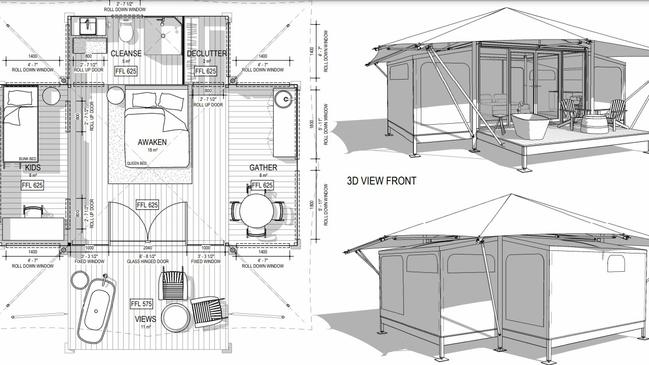 Design plans for the glamping tents at 564 Gorge Rd, Finch Hatton, as lodged to Mackay Regional Council in April, 2024.