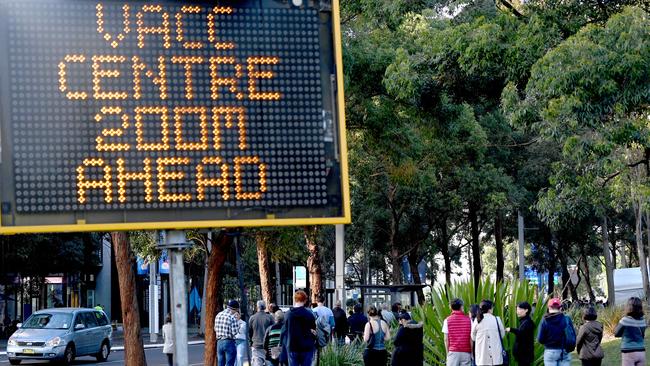 Sydney-siders queue for the Covid-19 vaccine at the Vaccination Hub at Sydney Olympic Park. Picture: NCA NewsWire / Jeremy Piper