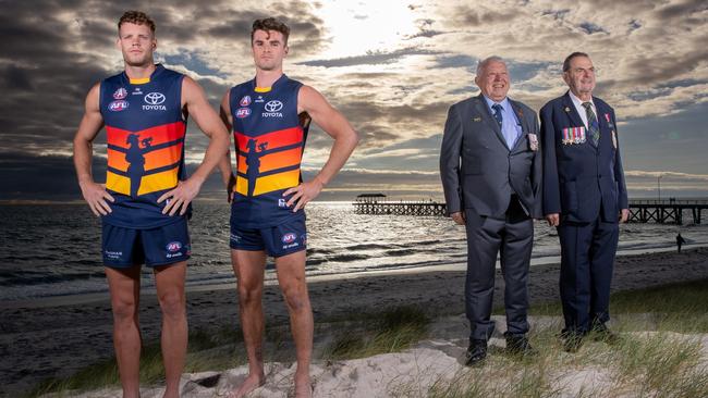 Crows duo Mitch Hinge and Ben Keays in the Anzac guernseys. Picture: Sarah Reed Photography / Corporate Conversations