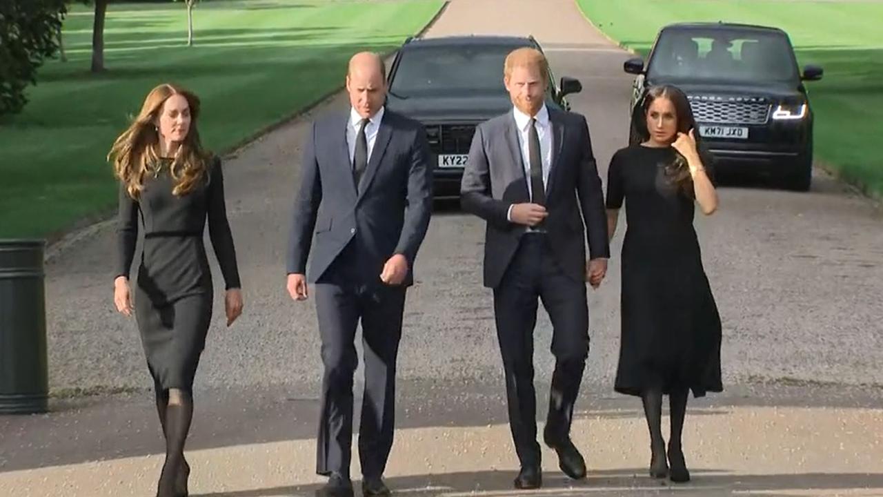 The Prince and Princess of Wales and Duke and Duchess of Sussex inspected tributes to the Queen at Windsor Castle. Picture: BBC
