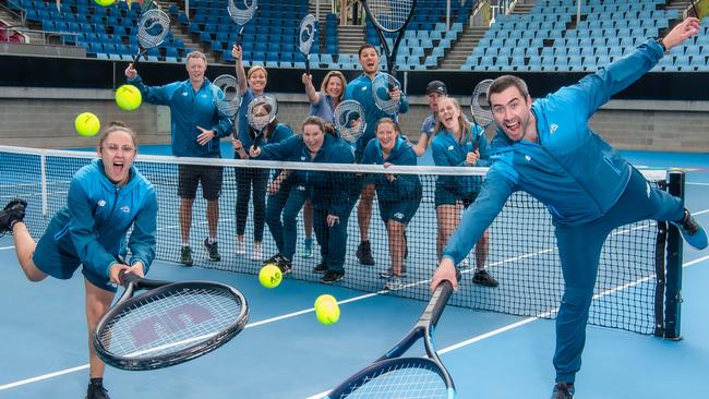 Tennis Victoria Staff participating in Virtual R4K.  Show Court 3, Melbourne Park(Foreground: Luca gallo andSean oÃKane)Tennis Aus staff will complete Virtually for Run 4 Kids. Picture: Jason Edwards