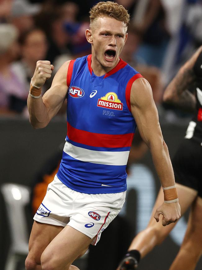 Bulldogs midfielder Adam Treloar celebrates a first quarter goal. Picture: Michael Klein