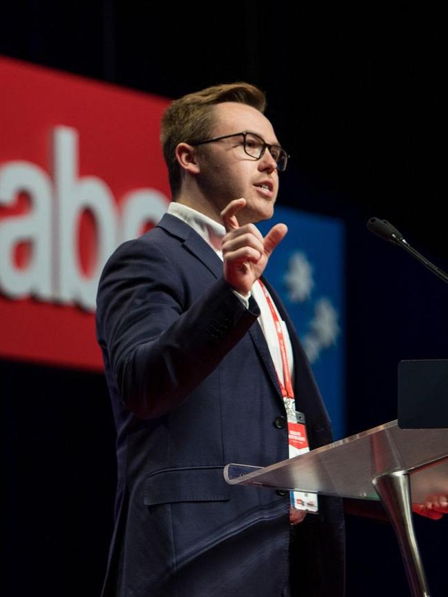 Shop, Distributive and Allied Employees’ Association SA assistant secretary Jordan Mumford speaking at Labor's state conference. Picture: Supplied