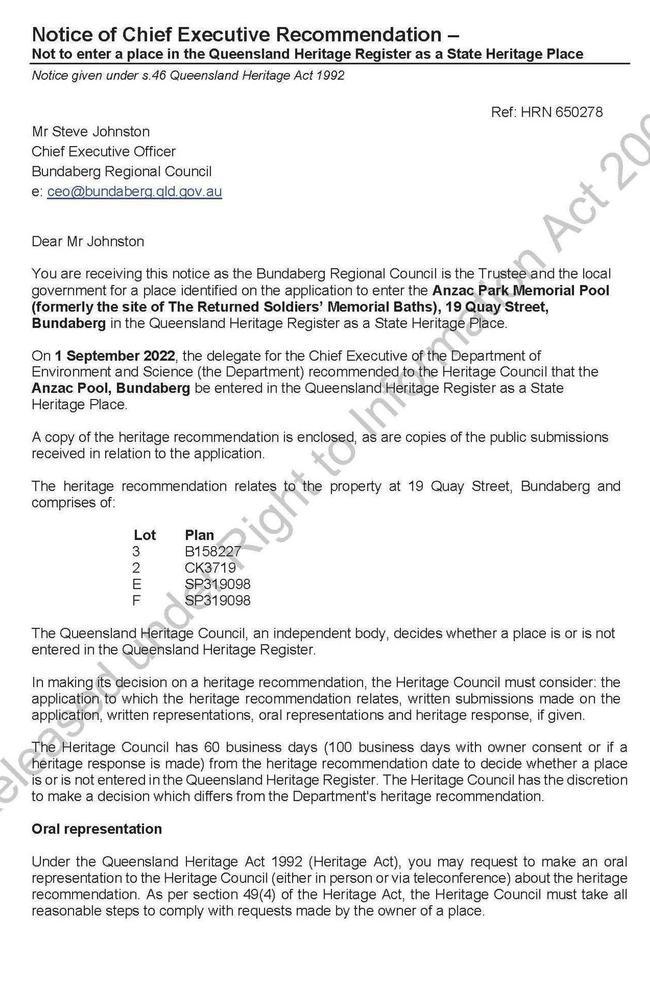 Jason Bartels’ claim directly contradicted a letter obtained by former councillor Mary Walsh from the department of environment and science explicitly recommending to the heritage council that Anzac Pool be entered in the heritage register as a state heritage place.