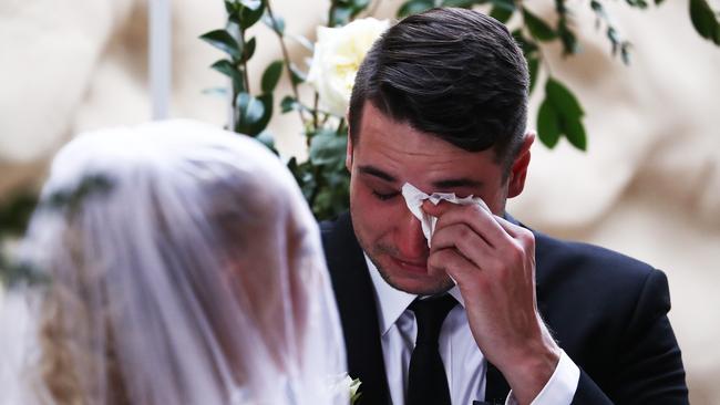 Jason in tears during the ceremony on Saturday after Ashleigh was told she had just days to live. Picture: Jason O'Brien