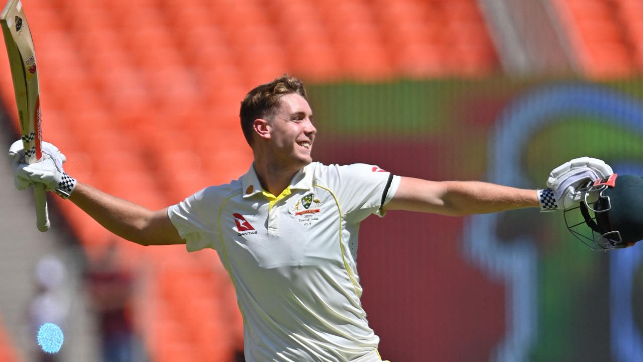 Cameron Green celebrates his first Test century on Friday.