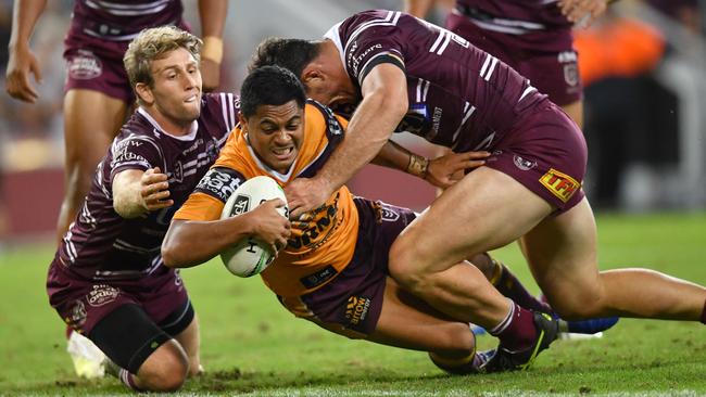 Anthony Milford gets in for the try at Suncorp Stadium. Picture: AAP Image/Darren England