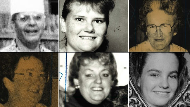 Victims (clockwise from top left): George Marvis, Rachelle Milburn, Joyce Nixon, Roberta Armstrong, Carol Dickinson, Patricia Rowe. Not pictured: Robertson Kan Hock Voon.