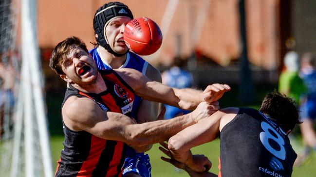 Rostrevor’s Sam Jonas crashes the pack during the match at Caterer Oval. Picture: Brenton Edwards