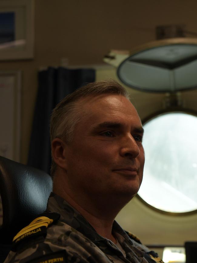 Commander Tony Nagle inside his day quarters onboard the HMAS Perth. Picture: (A)manda Parkinson