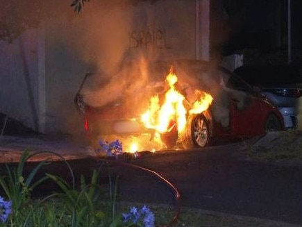 Magney Street in Woollahra where a car was set alight and anti-Israel graffiti was sprayed on garage walls overnight.