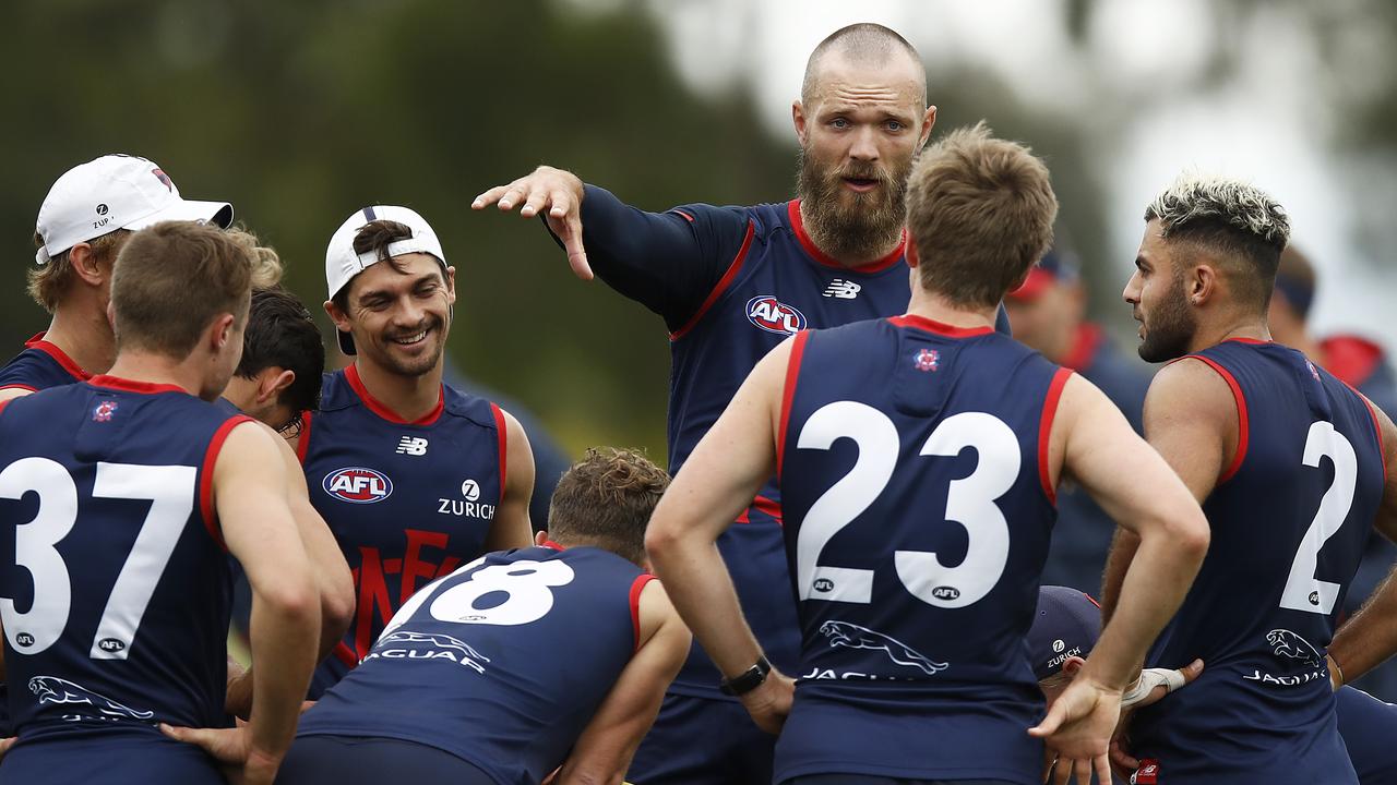 Max Gawn talks to his teammates. Picture: Getty Images