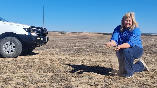 Grain farmer Peta Willmott on her Koongawa property between Kimba and Wudinna, struggling with dry soil as the drought continues. Picture: Kerri Cliff