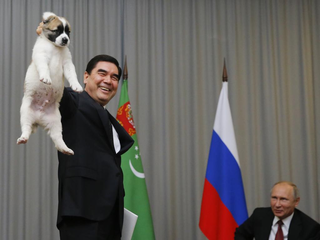 Turkmenistan's President Gurbanguly Berdimuhamedov (L) presents a Turkmen shepherd dog, locally known as Alabai, to his Russian counterpart Vladimir Putin during a meeting in Sochi, on October 11, 2017. (Photo by MAXIM SHEMETOV / POOL / AFP)