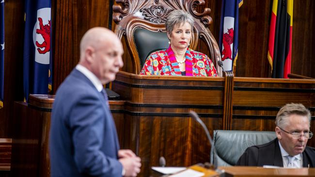 Speaker Sue Hickey watches Premier Peter Gutwein discuss the VAD (Voluntary Assisted Dying) Bill. Picture: RICHARD JUPE