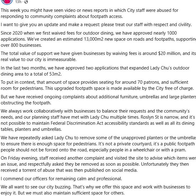 Sydney Lord Mayor Clover Moore has weighed in on Lady Chu owner Nahji Chu's feud with local council. Picture: Facebook/clovermooresydney