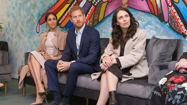 The Duke and Duchess of Sussex, Prince Harry and Meghan Markle with New Zealand Prime Minister Jacinda Ardern on a visit to Pillars in Manukau City in 2018.