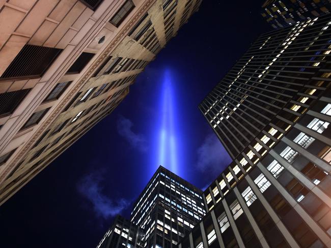 The “Tribute in Light” illuminates the sky down in the Wall Street area of lower Manhattan in New York. Picture: Timothy A. Clary