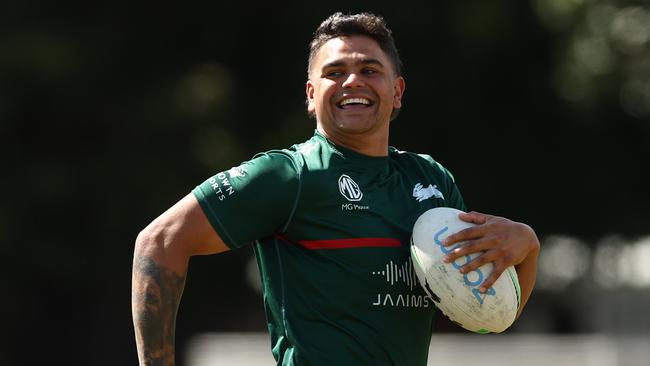 Latrell Mitchell runs the ball at Souths training. Picture: Getty Images.