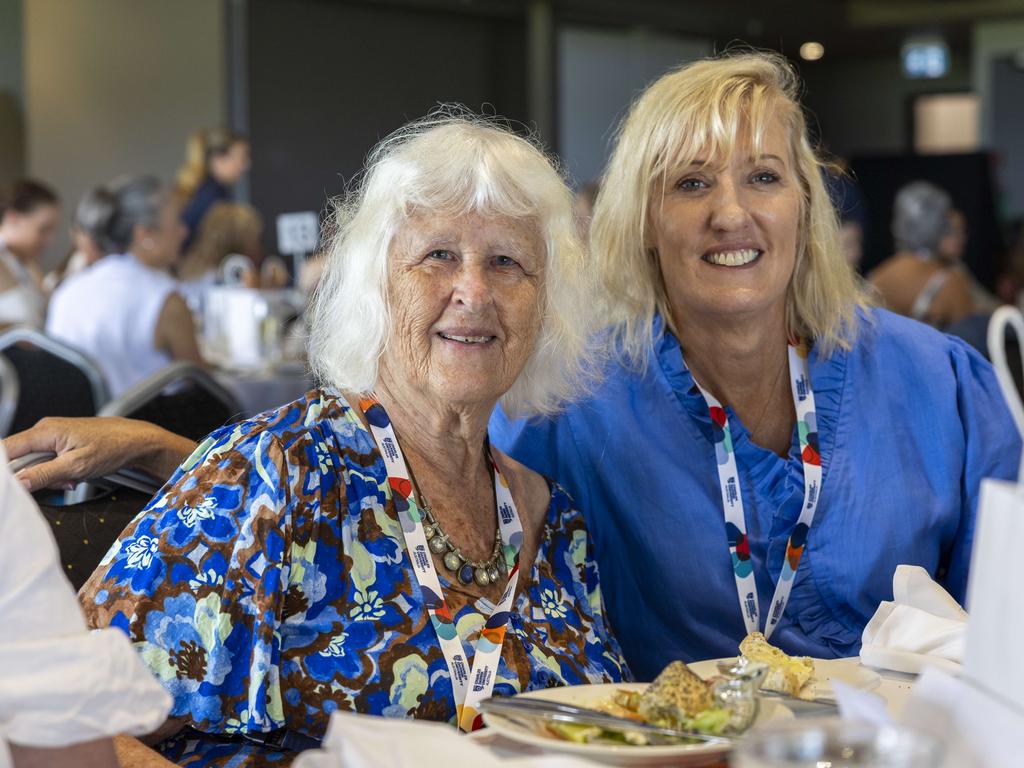 <p>Kathy Stavrou and Bron Christensen at the Northern Territory Cattlemen's Association Ladies lunch in Darwin Turf Club. Picture: Pema Tamang Pakhrin</p>