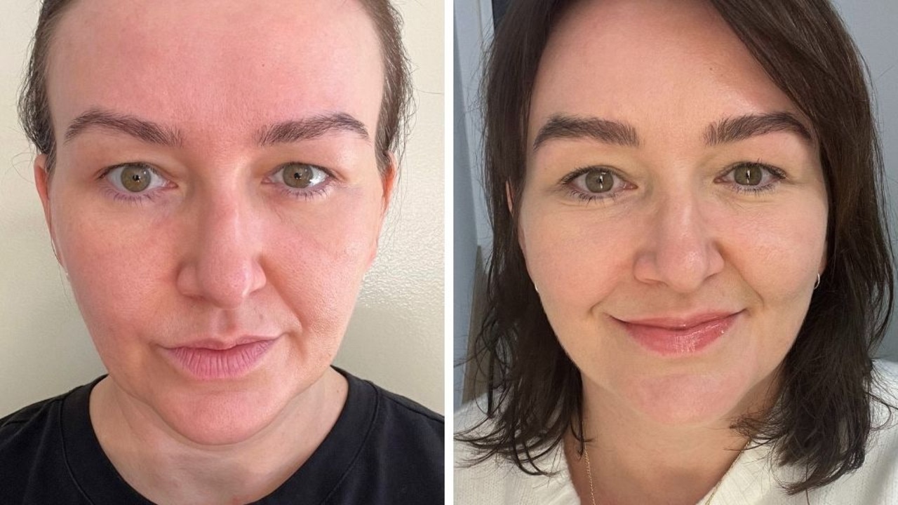 Before and after: week one versus week six of using BodyBlendz Lash &amp; Brow Oil. Picture: Kara Byers/news.com.au