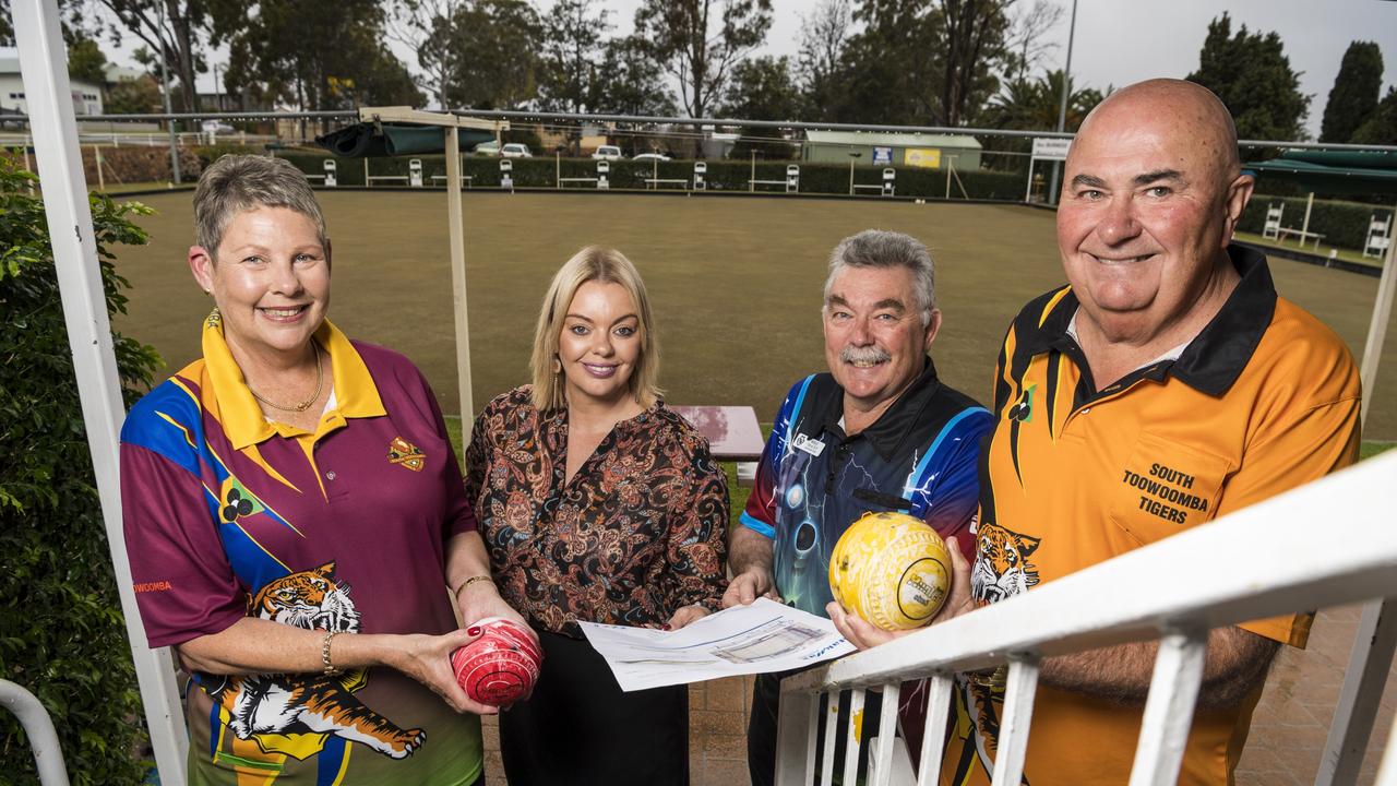 Looking over the plans for a state-of-the-art undercover green at Club Toowoomba are (from left) South Toowoomba Bowls Club chairwoman Gina Hawker, Club Toowoomba general manager Kelly Cassidy, West Toowoomba Bowls Club secretary Mike Tracey and South Toowoomba Bowls Club treasurer Geoff Fritz. Picture: Kevin Farmer