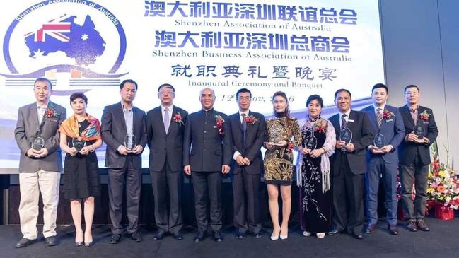 Marty Mei, second from the right, at the launch of the CCP-linked Shenzhen Association of Australia in 2016. Picture: Supplied