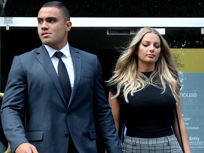 Manly Sea Eagles NRL player Dylan Walker and fiance Alexandra Ivkovic walking out of Manly Court in February. Picture: Jeremy Piper