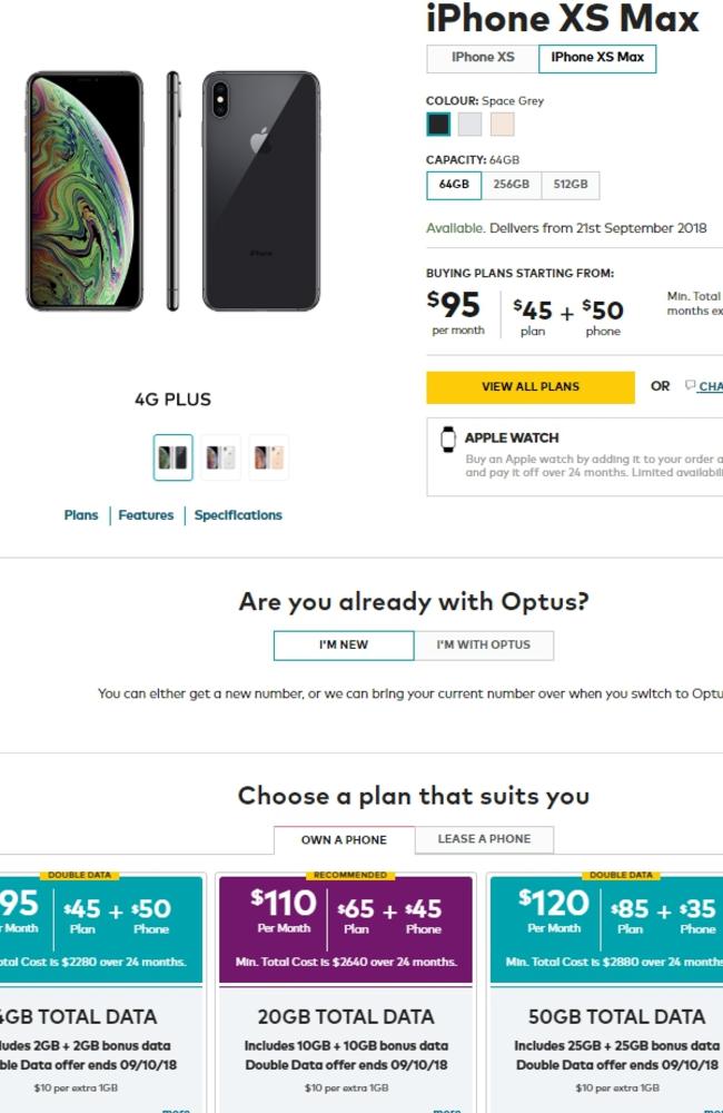 Optus pricing for the new iPhone XS MAX. 64GB with cheapest plans