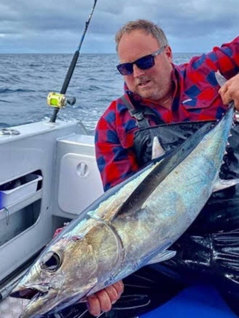 Ashley Hallam pictured with a 17 kilogram Albacore Tuna caught at Pirates Bay on the South East Coast.