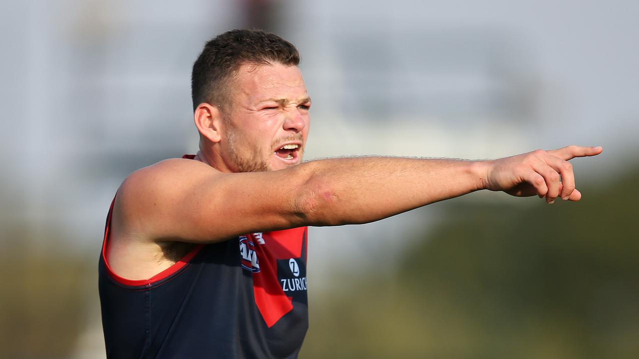 Steven May points during a JLT Community Series game against Brisbane.