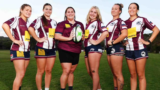 Noosa Dolphins Rugby Union. Pictured, Jemima Ward, Holly Radge, Rhianon Zanelli assistant coach, Izzy Tchir, Tigerlily Livingston and Steivy Te Moana. Photo: Patrick Woods.