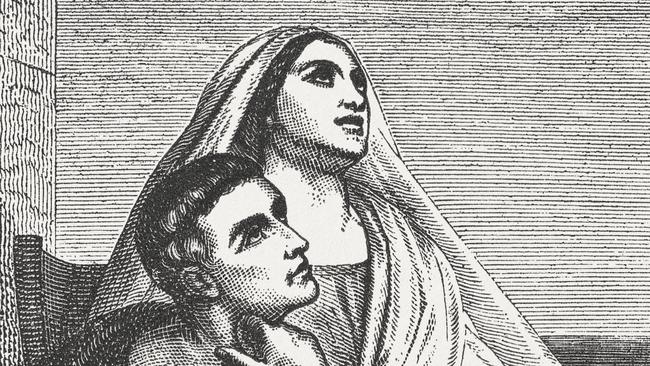 St. Augustine and his mother St. Monica. Woodcut engraving after a painting (1854) by Ary Scheffer (French-Dutch painter, 1795 - 1858) in National Galery, London from the book "Die Welt in Bildern (The World in pictures)" by Dr, Chr. G. Hottinger. Published by himself, 1881