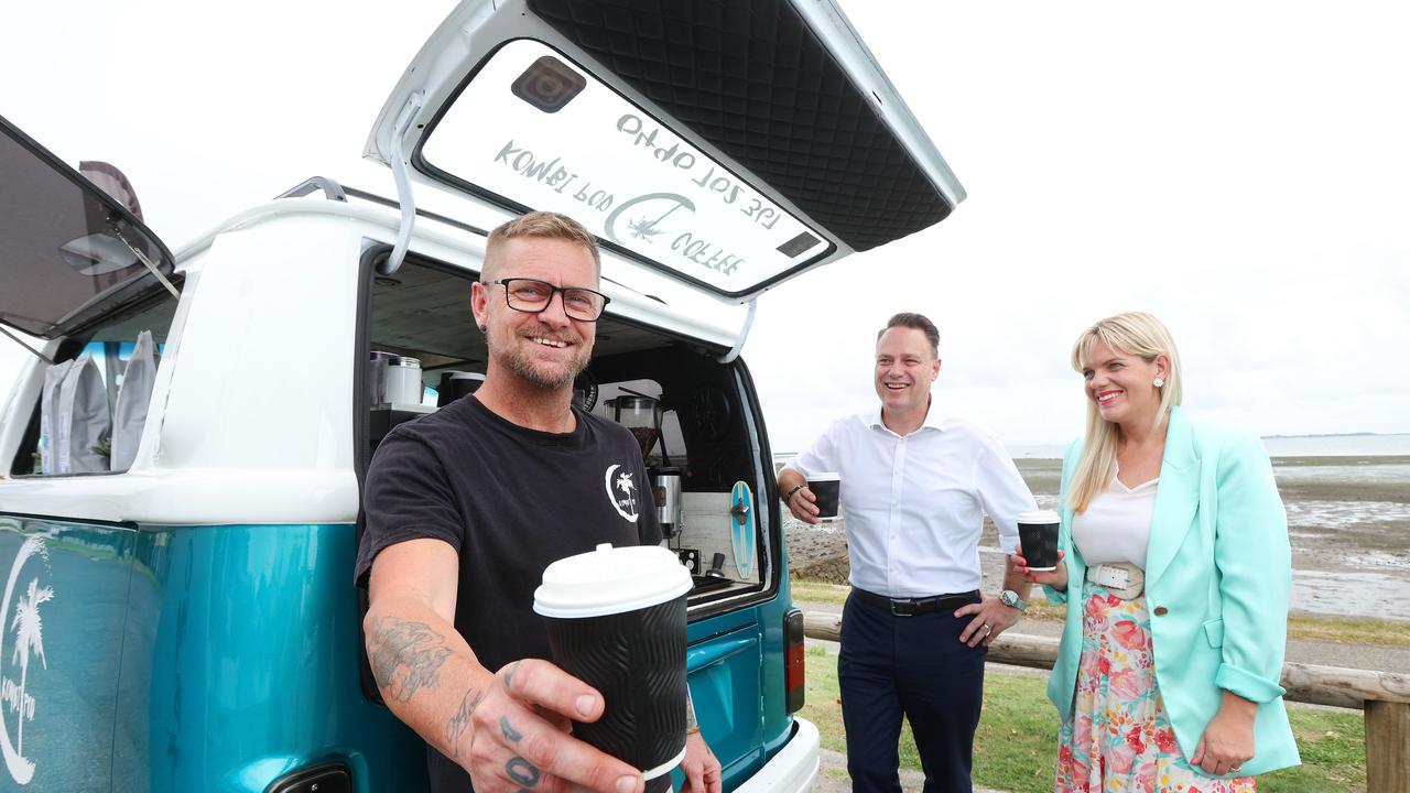 Steve Prater from Kombi Pod with Lord Mayor Adrian Schrinner and Wynnum Manly candidate Alex Givney. Picture: Tara Croser