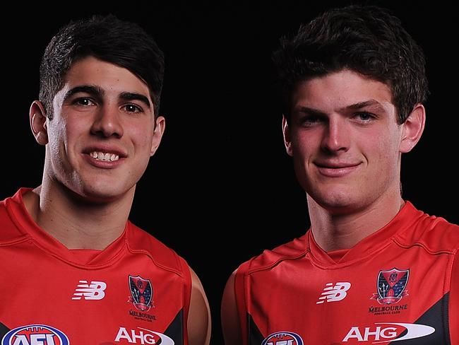 GOLD COAST, AUSTRALIA - NOVEMBER 27: Christian Petracca and Angus Brayshaw pose for a photo after being drafted to Melbourne during the 2014 AFL Draft at the Gold Coast Convention Centre on November 27, 2014 on the Gold Coast, Australia. (Photo by Matt Roberts/Getty Images)