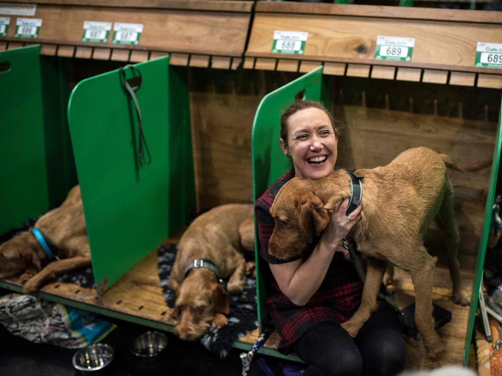 A woman sits in a pen as she cuddles her Hungarian wirehaired vizsla dog on the first day of the Crufts dog show at the National Exhibition Centre in Birmingham, central England, on March 7, 2019. Picture: AFP