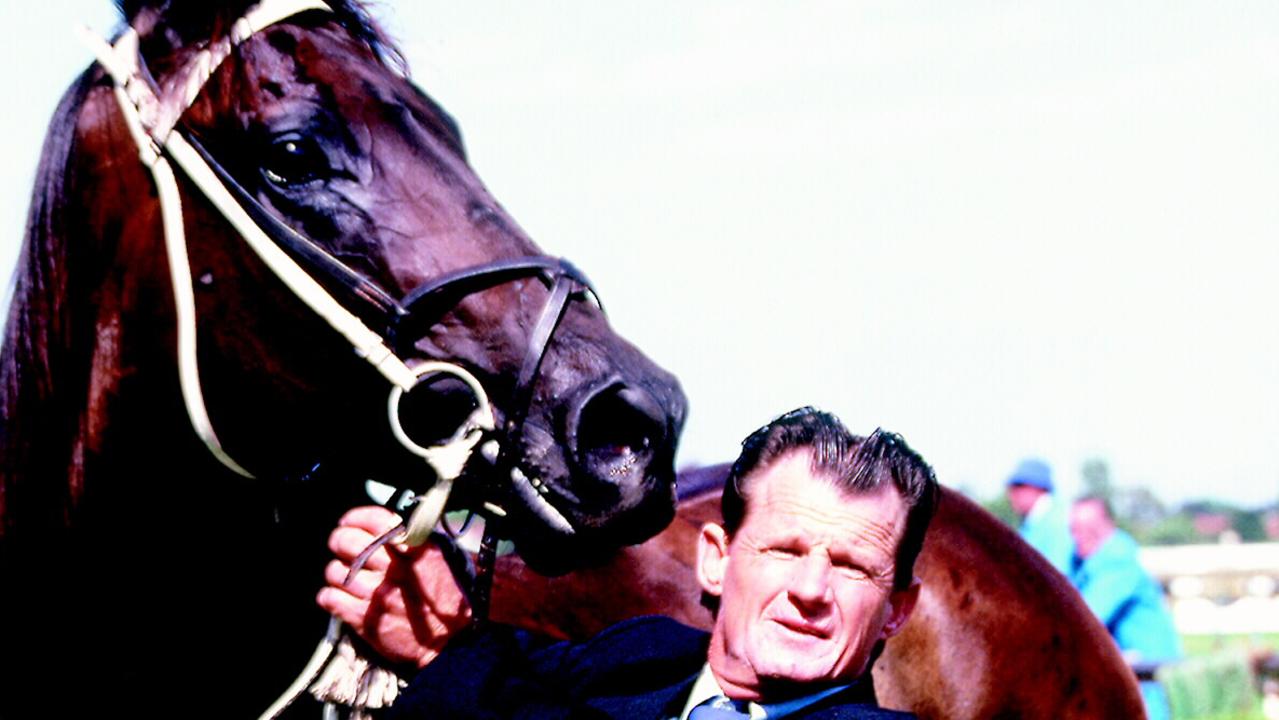 Racehorse 'Vo Rogue' and trainer Vic Rail at an unknown location, 24/09/1994. Rail is fighting for life in hospital.