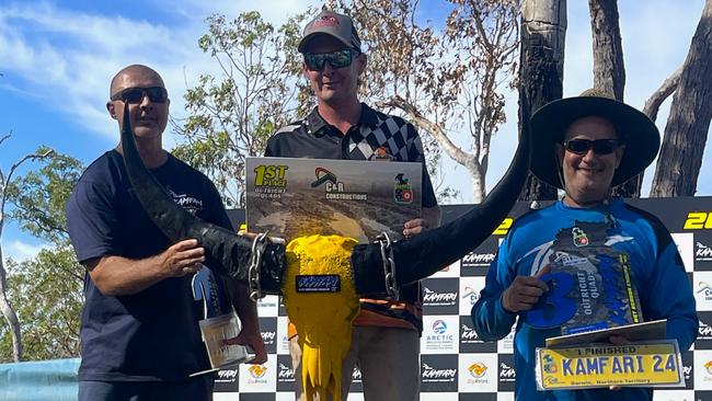 Quads winner Jason McArthur (centre) with 2nd place Richard Mitchell and 3rd place Stephen Pilkington on the podium. Picture: Darcy Jennings.