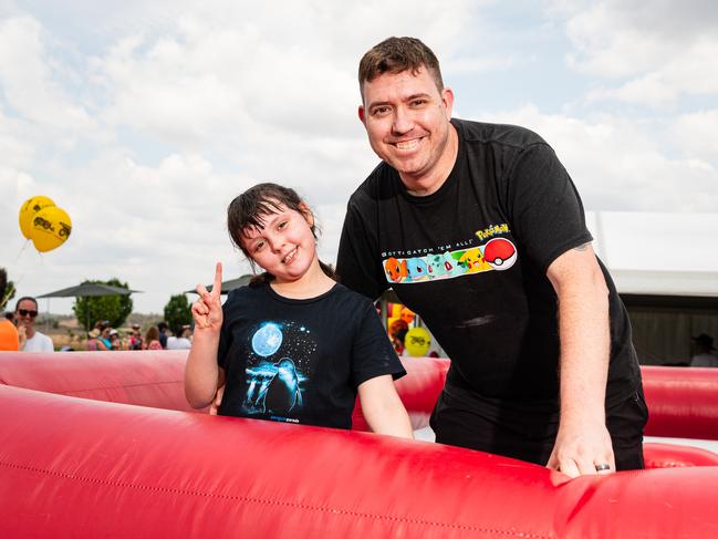 Luke Croxon and daughter Elise Croxon battle on the gladiator at Wellcamp Airport 10th anniversary community day, Sunday, November 10, 2024. Picture: Kevin Farmer