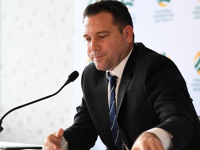 Football Federation Australia (FFA) Chief Executive Officer James Johnson speaks to the media during a press conference in Sydney, Tuesday, March 24, 2020. (AAP Image/Joel Carrett) NO ARCHIVING